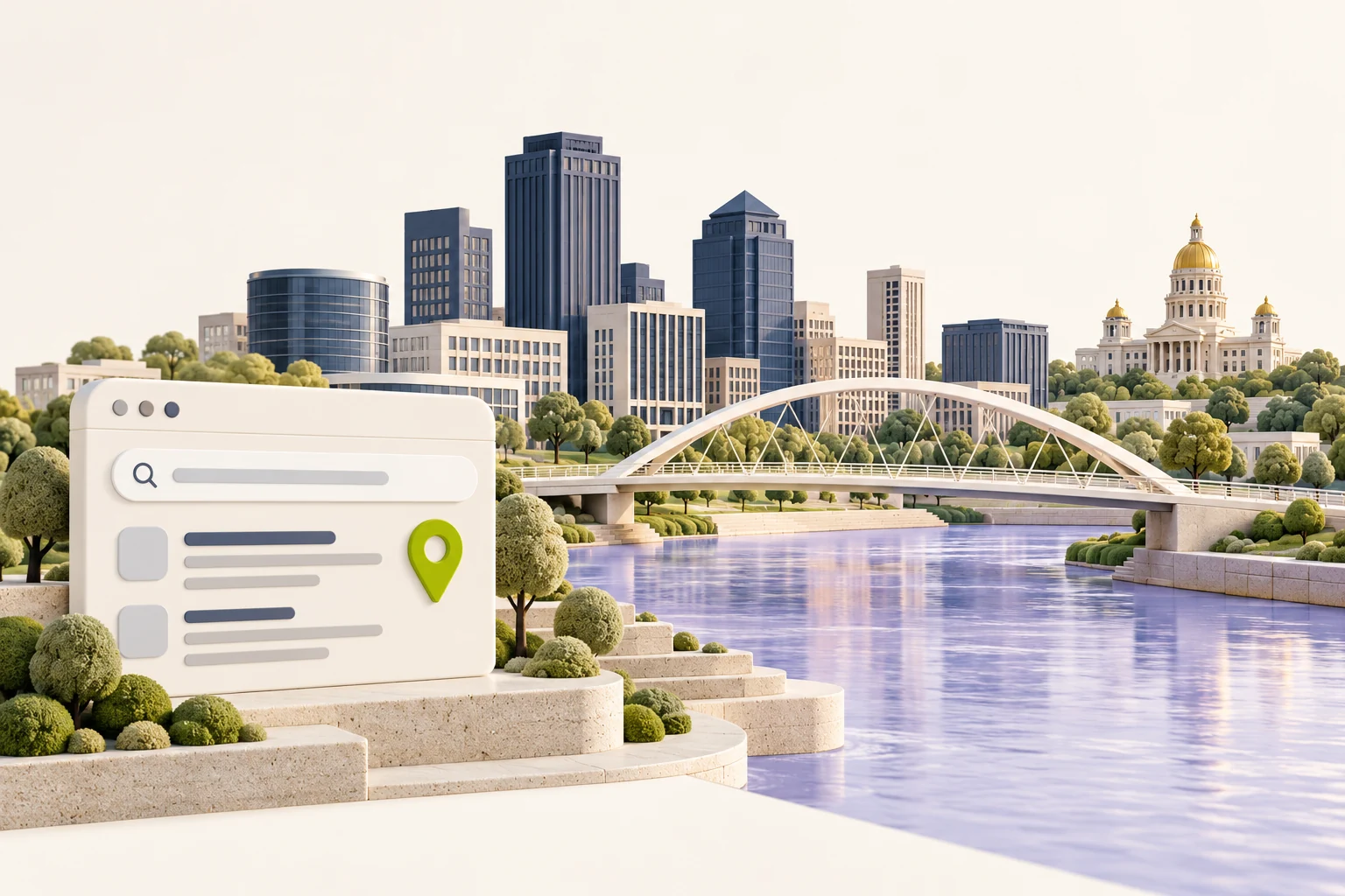 Des Moines inspired riverfront and local search illustration