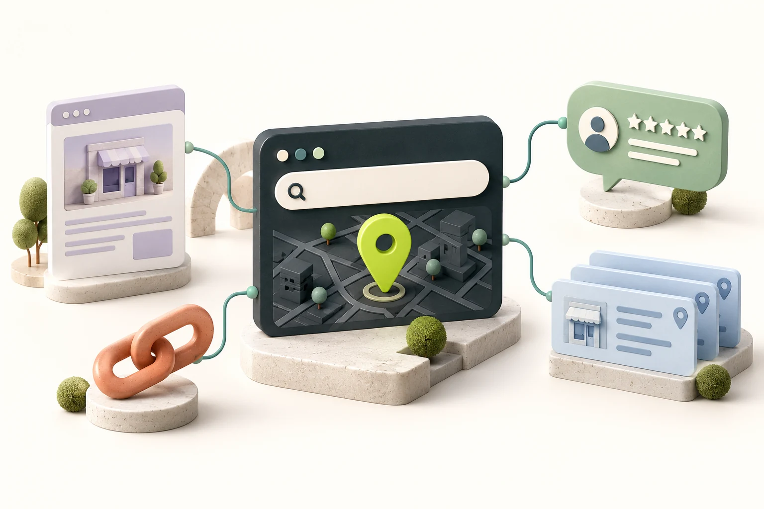 Illustration connecting a local search panel with website pages, listings, links and customer feedback