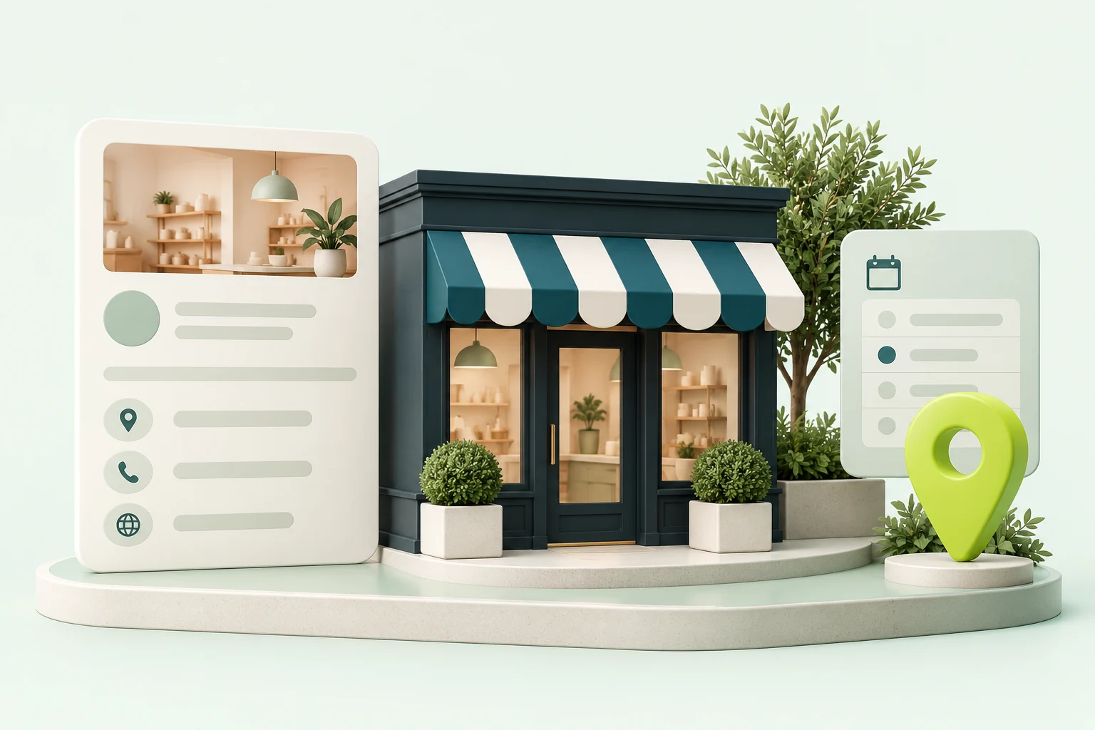 Illustration of a business storefront connected to a profile, hours card and location pin