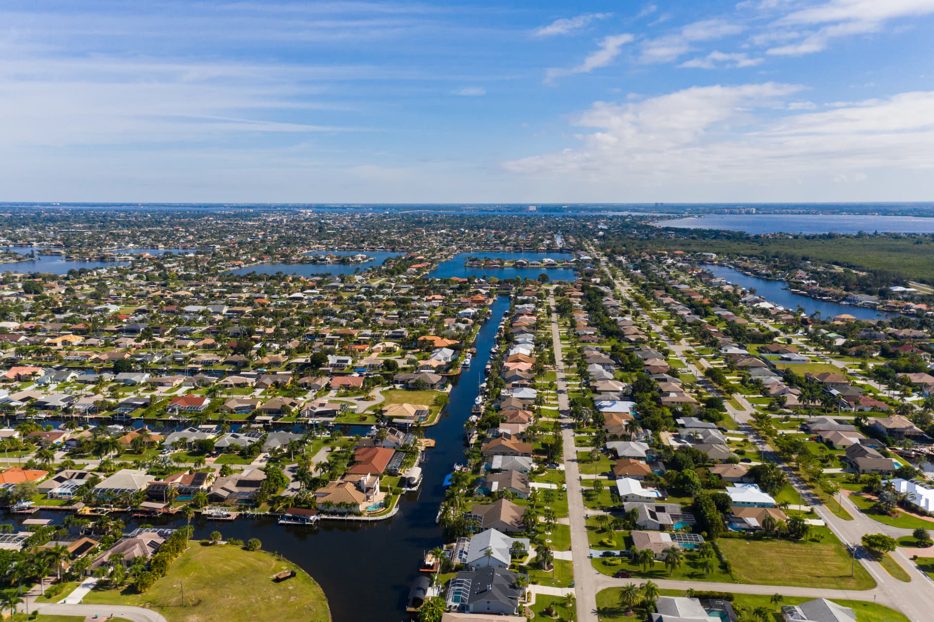 Aerial view of canals and waterfront homes in Cape Coral, Florida