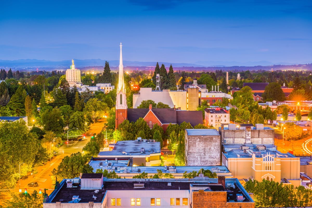 Editorial illustration of the Oregon State Capitol and green landscape in Salem, Oregon